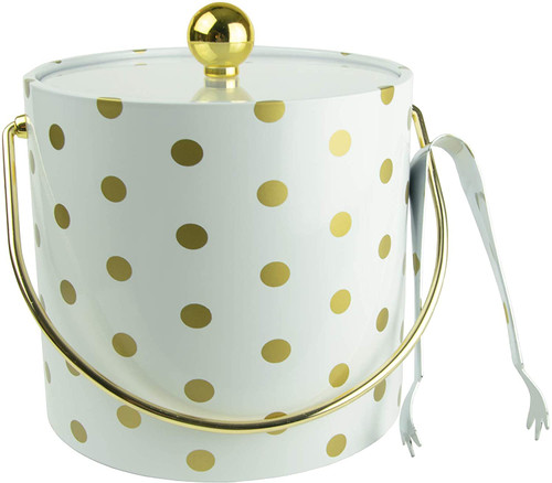 Hand Made In USA White & Gold Double Walled 3Quart Insulated Ice Bucket With Ice Tongs (Polka Dot Collection)