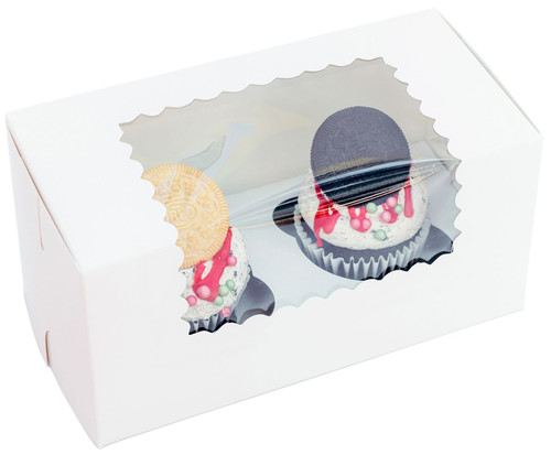 Made in USA 8" X 4" X 4" Recycled White Kraft Double Cupcake Boxes with Scalloped Window & Inserts (Pack of 10  Front Loading)