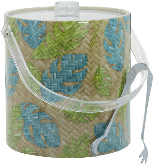 Hand Made In USA Falling Leaves Design Double Walled 3-Quart Insulated Ice Bucket With Ice Tongs