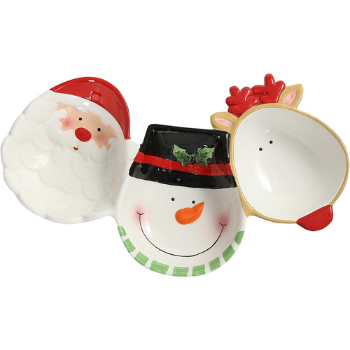 Christmas Themed Santa, Snowman & Reindeer Winter Holiday Ceramic 3Section Server