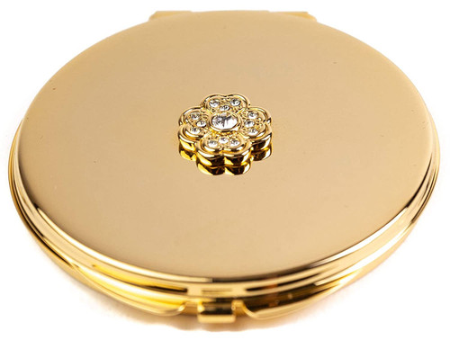 Modern and Minimal 1:3x Magnified Compact Double-Sided Mirror (Gold Round With Crystal Flower)