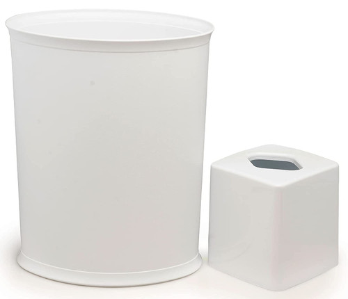 Made in USA Set of 2 White Plastic 5-Gallon Waste Basket & Cube Tissue Box Cover