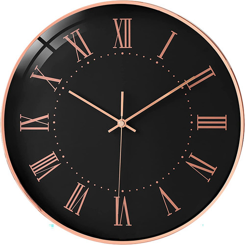 Modern Minimalist Rose Gold on Black Silent Wall Clock with Glass Top (Roman Numeral Dial)