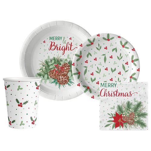 Traditional Christmas Tableware Pack: Disposable Paper Plates, Napkins and Cups Set for 20