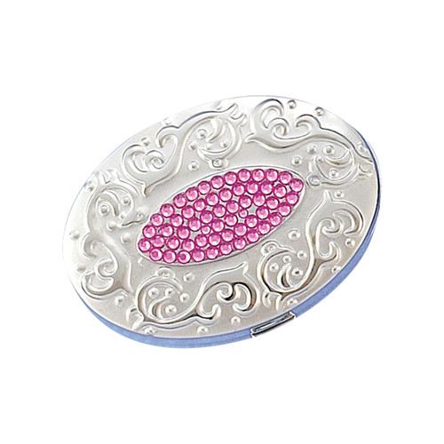 Rose Stone Centered Oval Silver Pillbox