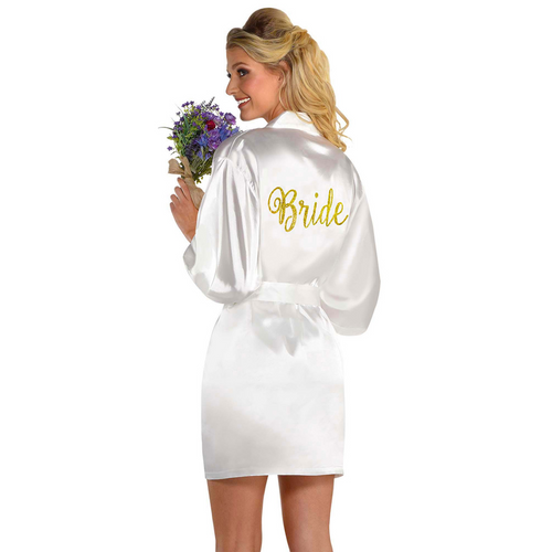 Bride's Silky Robe with Hot Stamped Golden Glitter Bride on Back