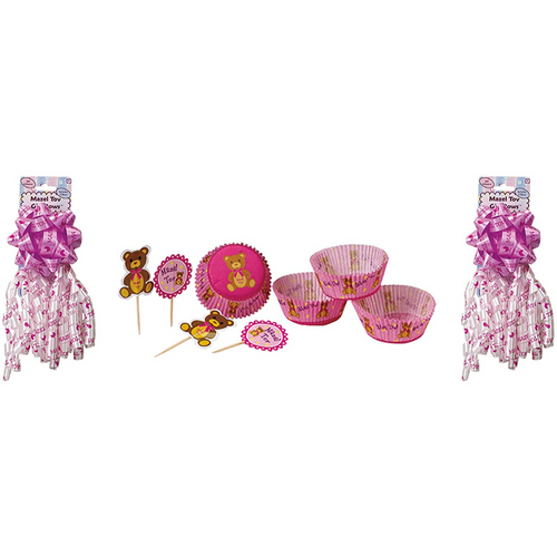 Mazel Tov Set of 48 Cupcake Holders & Toothpick Toppers (Baby Girl) + Bows
