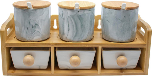 Set of 6 Tiered Marble Ceramic Condiment Spice Jars & Drawers With Spoons, Bamboo Lids and Rack (Gray)
