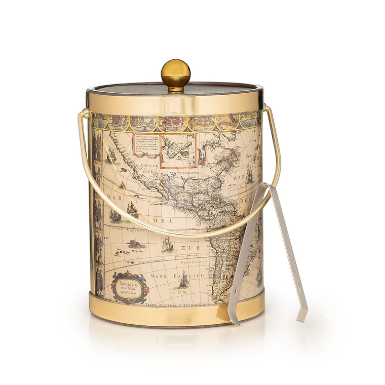 Hand Made in USA Vintage Americas Map Print Double Walled 5Quart Insulated Ice Bucket with Ice Tongs (Metallic Deco Collection)