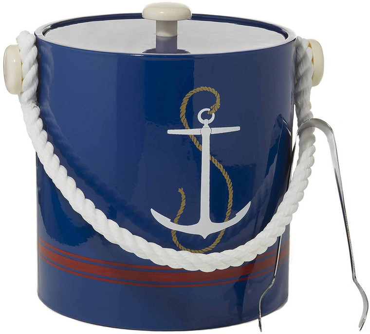 Hand Made In USA Navy Anchor With Rope Handle Double Walled 3Quart Insulated Ice Bucket With Ice Tongs (Nautical Collection)