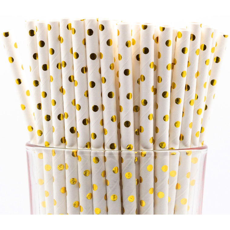 Pack of 150 Gold Polka Dot Foil Biodegradable 4Ply Paper Drinking Straws (Compostable, Nontoxic, BPAfree)