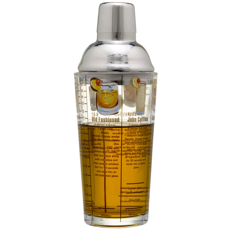 14 oz Recipe Glass Cocktail Shaker With Strainer Top  Includes 6 Cocktail Drink Recipes (Whiskey Theme)