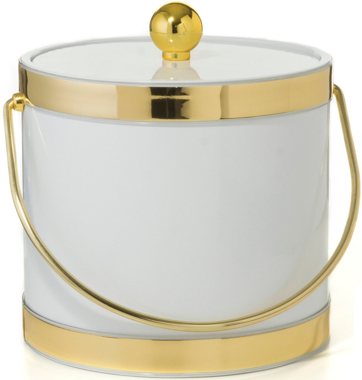 Hand Made In USA White With Dual Gold Bands Double Walled 3Quart Insulated Ice Bucket With Ice Tongs (Metallic Deco Collection)