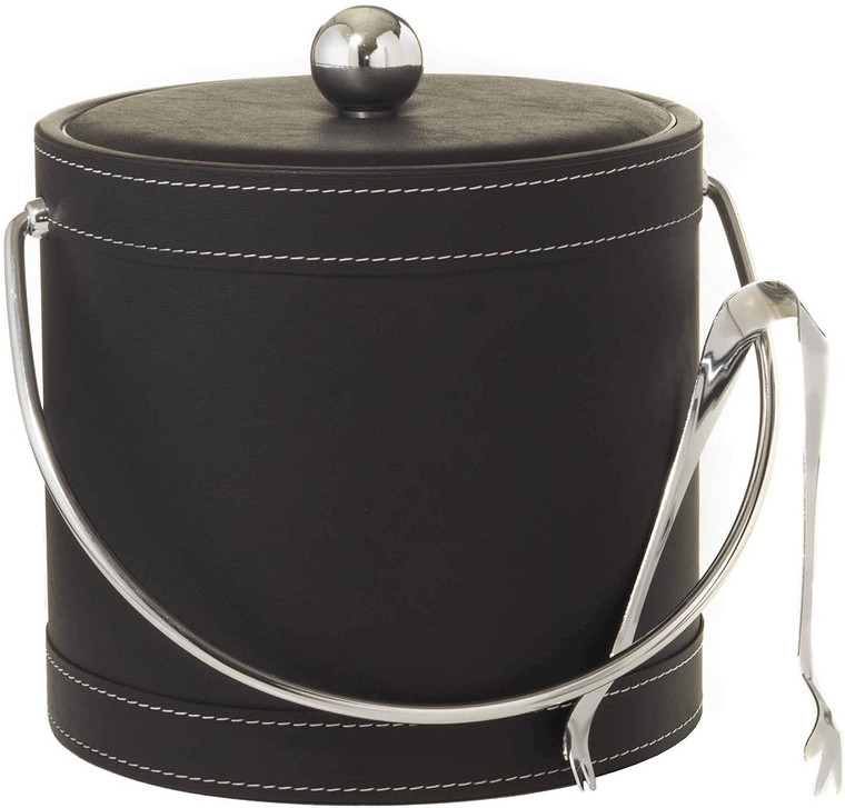 Hand Made In USA Black With White Stitching Double Walled 3Quart Insulated Ice Bucket With Ice Tongs (Leatherette Collection)