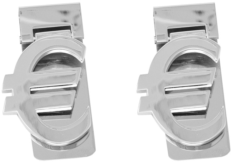 Euro Sign (Hinged) | Set of 2 Chrome-Plated Silver Stainless Steel Money Clips