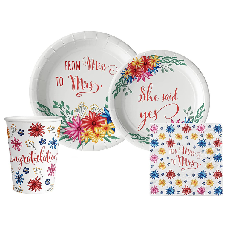 Bridal: From Miss to Mrs (Colorful Floral) Tableware Pack: Disposable Paper Plates, Napkins and Cups Set for 20