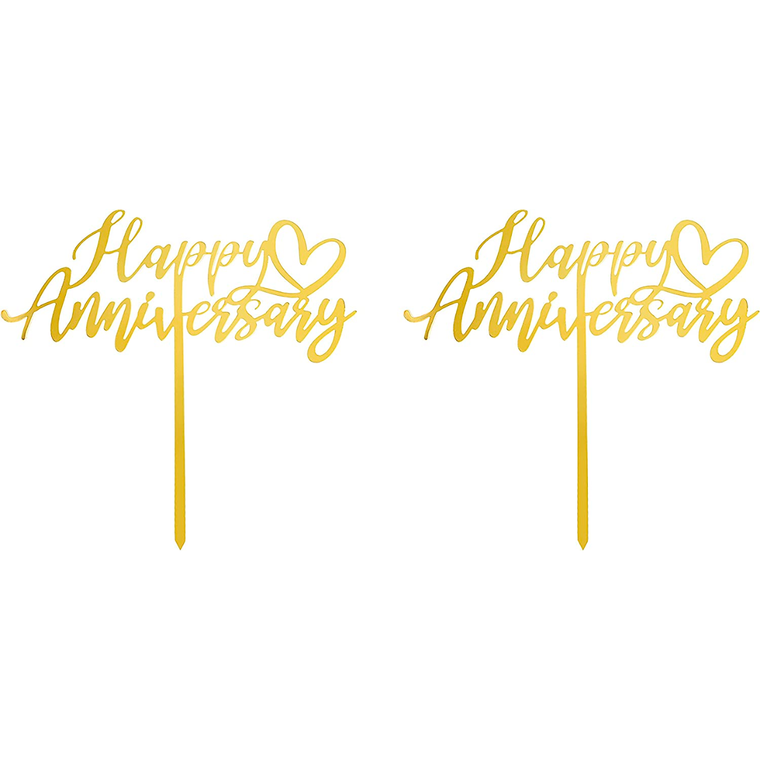Happy Anniversary (Heart)  Love Themed Gold Cake Topper for Proposal, Wedding, Bridal Shower or Anniversary Cake (Pack of 2)