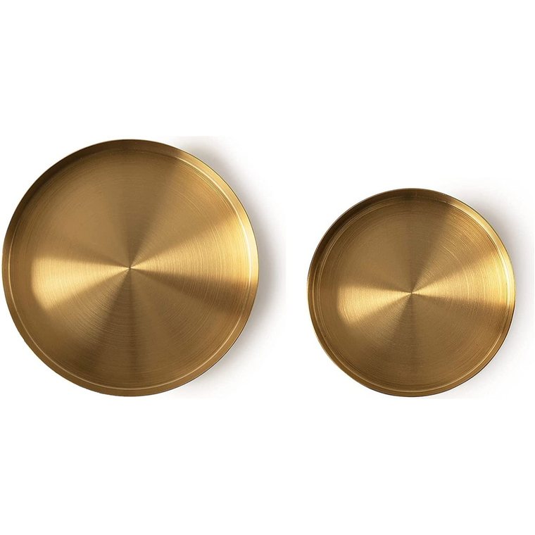 Set of 2 Round Gold Decorative Trays, & Storage Organizers with Polished Finish (Small 5" & Medium 7.8")