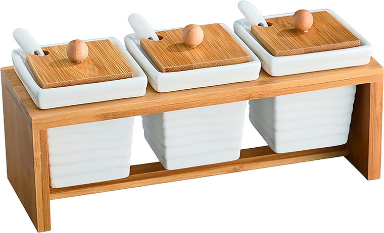 Set of 3 Ceramic Condiment Jars With Spoons & Bamboo Lids (White)