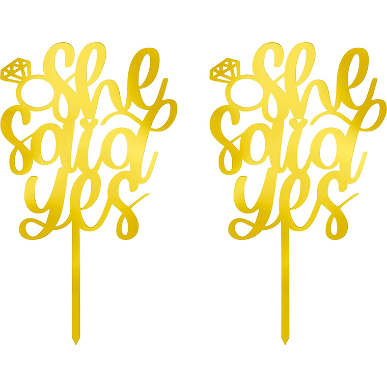 She Said Yes  Love Themed Gold Cake Topper for Proposal, Wedding, Bridal Shower or Anniversary Cake (Pack of 2)