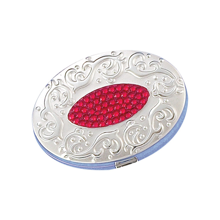 Red Stone Centered Oval Silver Pillbox