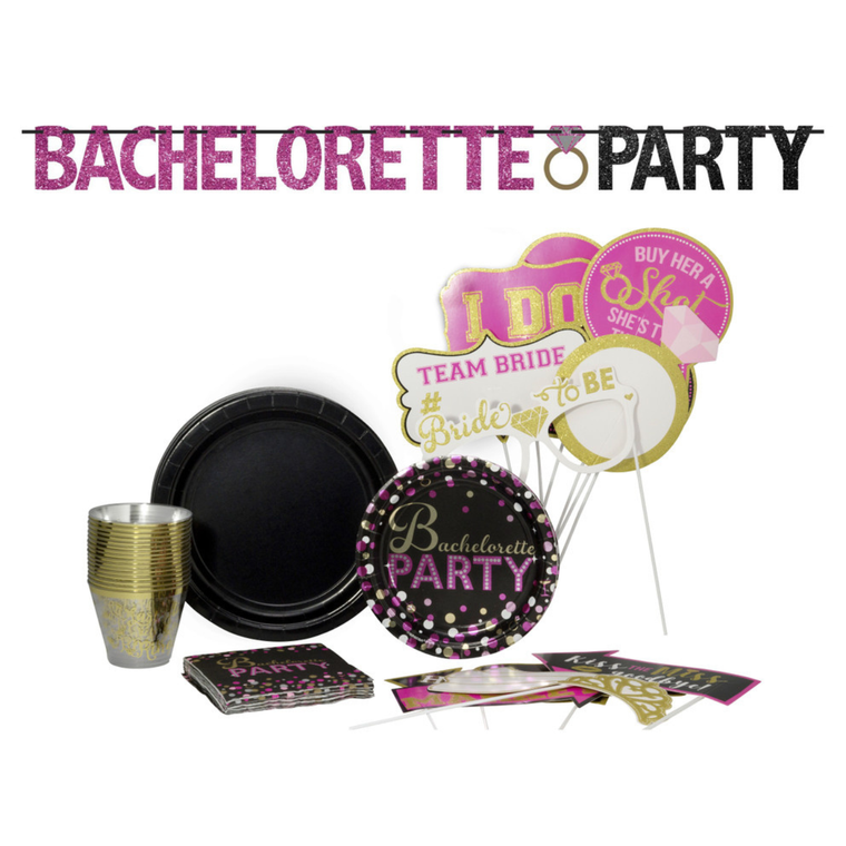 Bachelorette Party Pack! Disposable Paper Plates, Banner Kit, Photo Prop Cutouts, Napkins and Cups Set for 15 (With free extras)