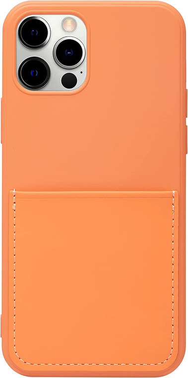 Orange Peach Felt Lined Silicone Phone Case with Stitched Front Pocket for iPhone 12 Pro Max + Tempered Glass Screen Protector