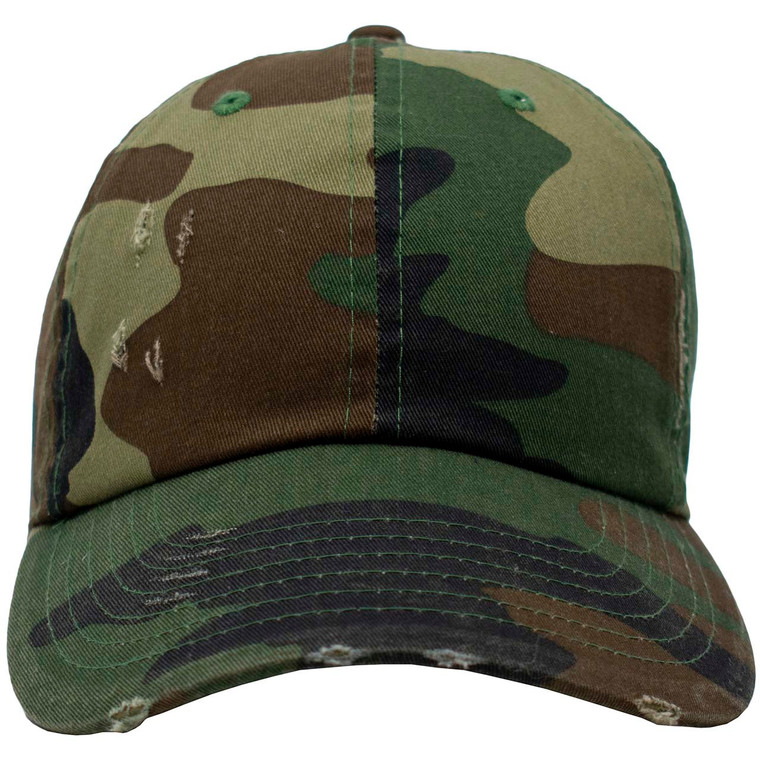 Distressed 6Panel Cotton Baseball Unisex Cap with Adjustable Brass Buckle (Camouflage)