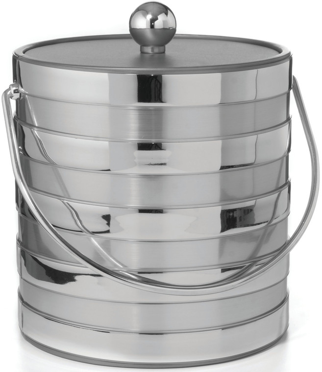 Hand Made In USA Matte/Shiny Brushed Silver Stripes Double Walled 3Quart Insulated Ice Bucket With Ice Tongs (Metallic Deco Collection)