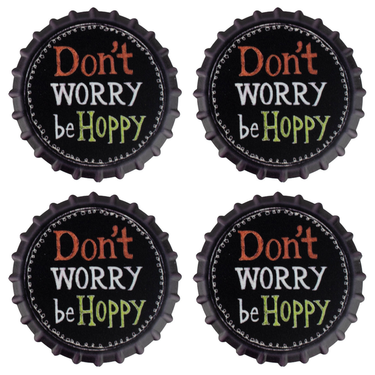 Don't Worry Be Hoppy  Pack of 4 Moisture Absorbing Ceramic Coasters For Beer Lovers With Cork Base
