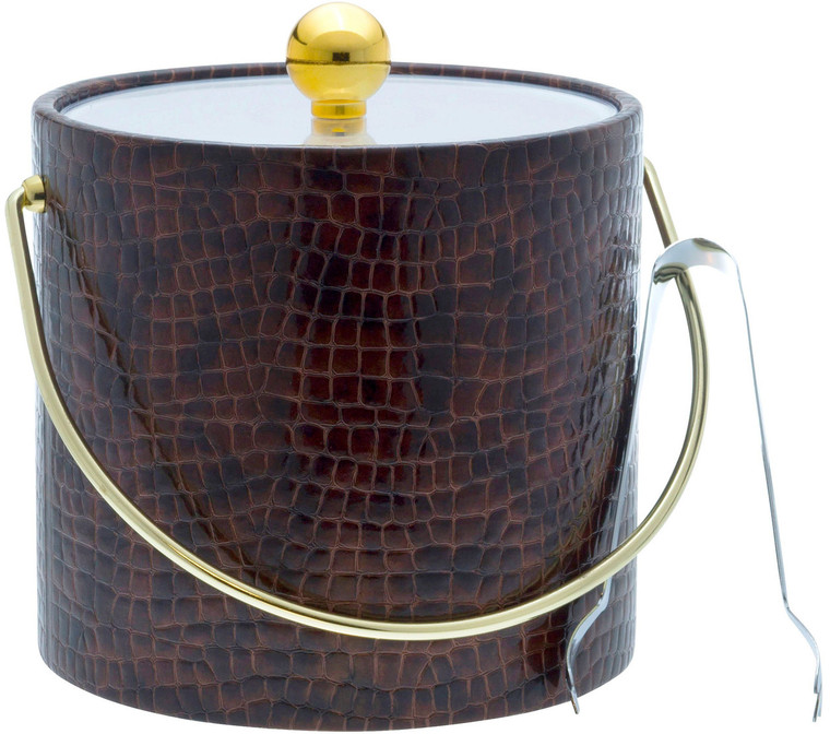 Hand Made In USA Truffle Brown Crocodile Pattern Double Walled 3Quart Insulated Ice Bucket With Ice Tongs (Leatherette Collection)