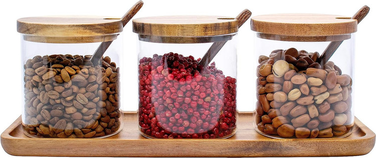 Set of 3 Glass Condiment Spice Jars With Bamboo Lids, Spoons and Tray