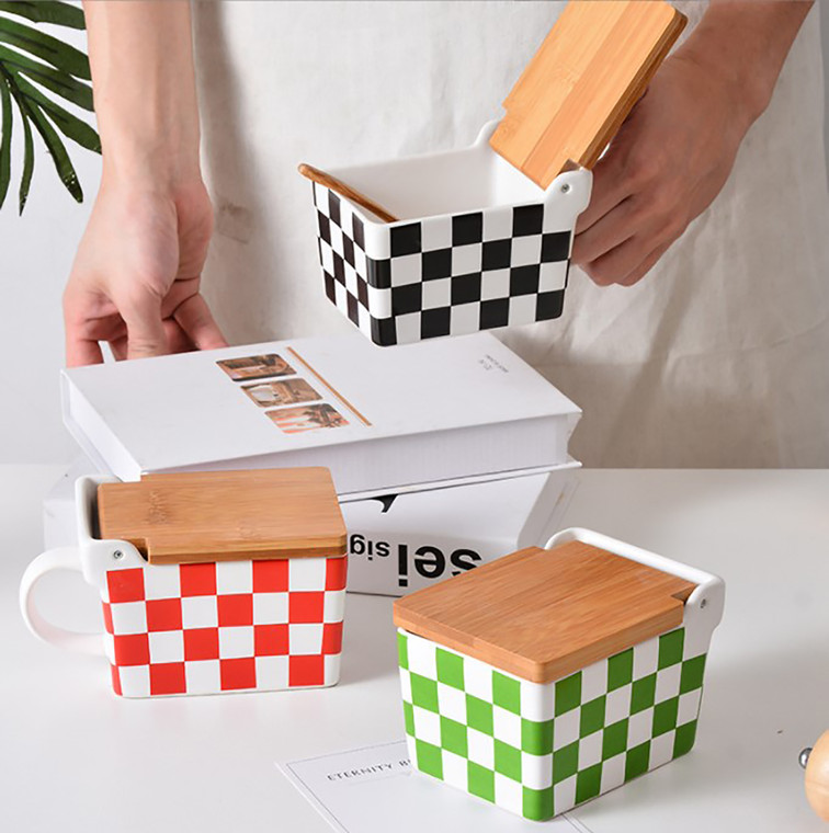 Set of 3 Classic Checkered Pattern Ceramic Condiment Spice Jars With Bamboo Lids, Spoons, and Tray