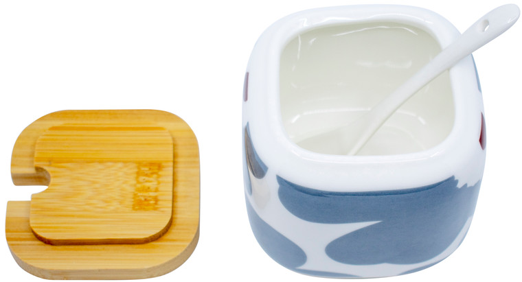Set of 3 Printed White Ceramic Condiment Spice Jars With Spoons and Bamboo Lids and Tray