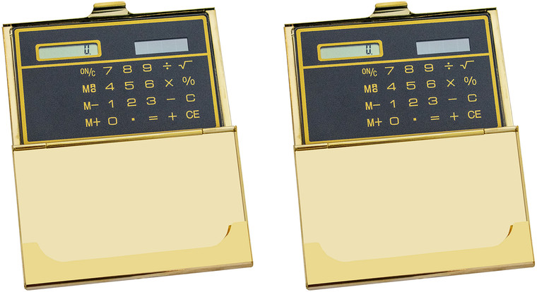 Set of 2 Slim Metal Business Card Holder Cases With Built-in Solar Calculator