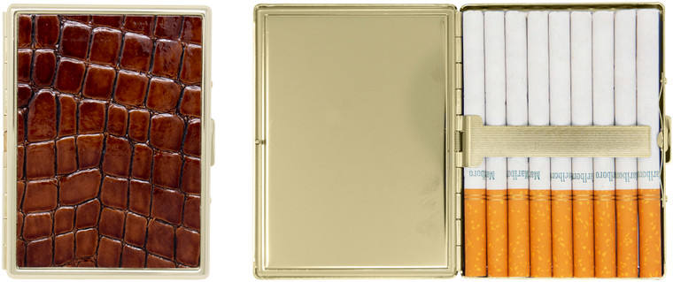 Crocodile Print Leather Insert | Metal-Plated Ultra Compact 100mm Cigarette Case