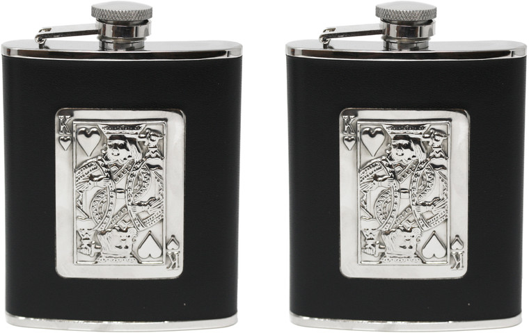 6oz King of Hearts | Set of 2 Stainless Steel Pocket Hip Flasks Wrapped in Faux Leather