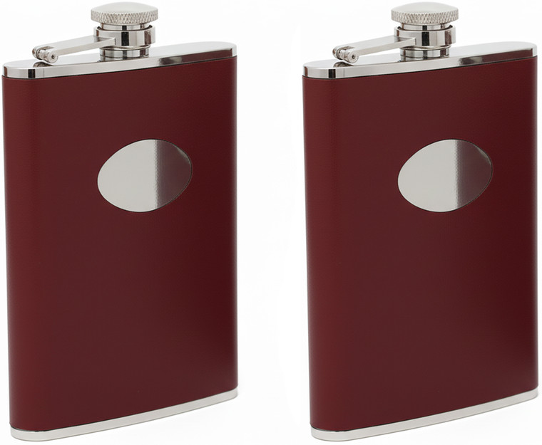 8oz Smooth Burgundy | Set of 2 Stainless Steel Pocket Hip Flasks Wrapped in Faux Leather