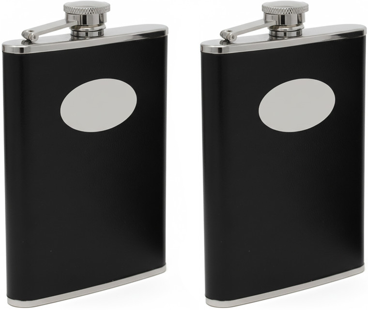 8oz Smooth Black | Set of 2 Stainless Steel Pocket Hip Flasks Wrapped in Faux Leather