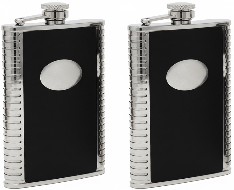 8oz Silver & Black | Set of 2 Stainless Steel Pocket Hip Flasks Wrapped in Faux Leather