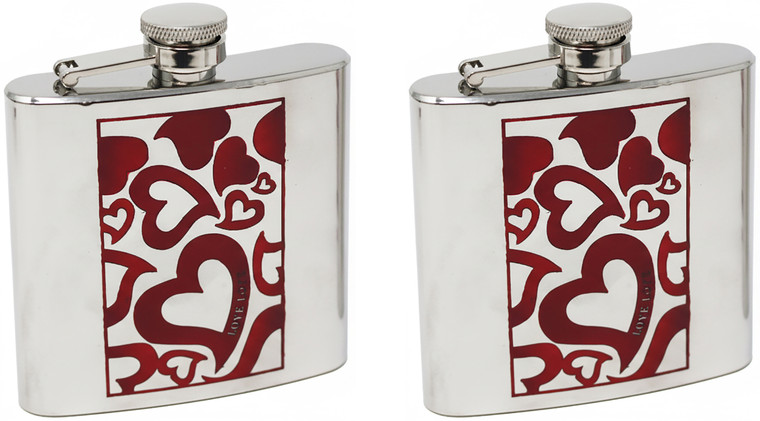 6oz Red Hearts | Set of 2 Classic Stainless Steel Pocket Hip Flasks