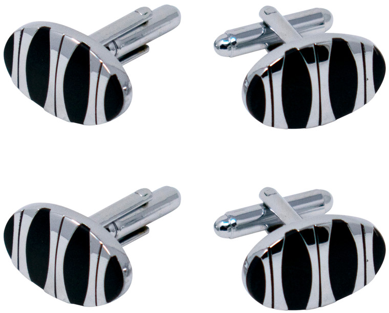 Black Oval | Set of 2 Silver Stainless Steel Alloy Shirt Cufflinks