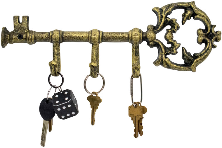 Rustic Cast Iron Large Key-Shaped Holder With 3 Key Hooks for Wall Mount