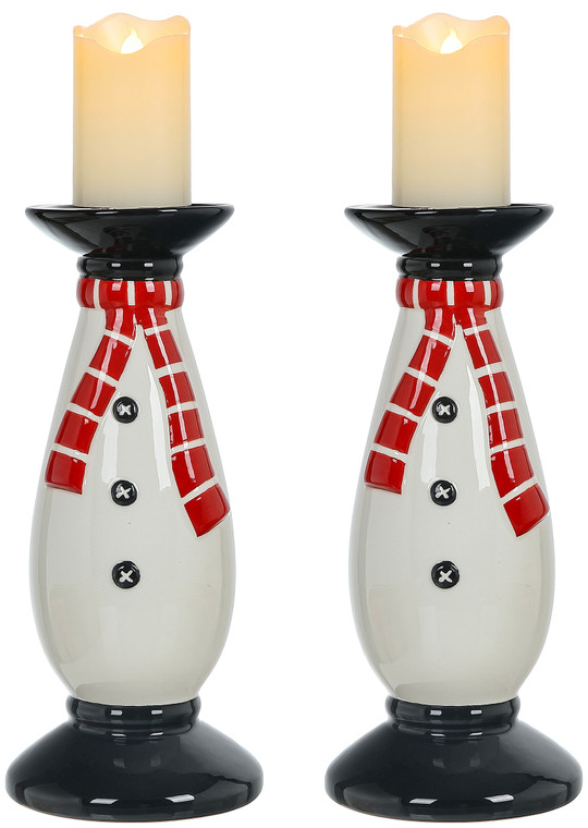 S8211 SET | Snowman | Set of 2 Christmas Hand-Painted Ceramic Large Candle Holders