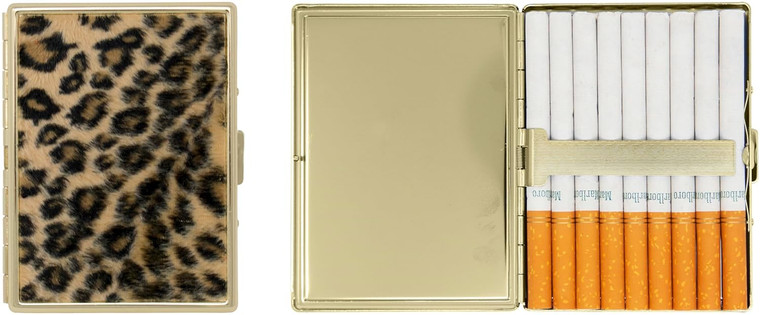 S1705 G - Faux Brown Leopard Print Fur Metal-Plated 100s Ultra Compact Cigarette Case with Insert