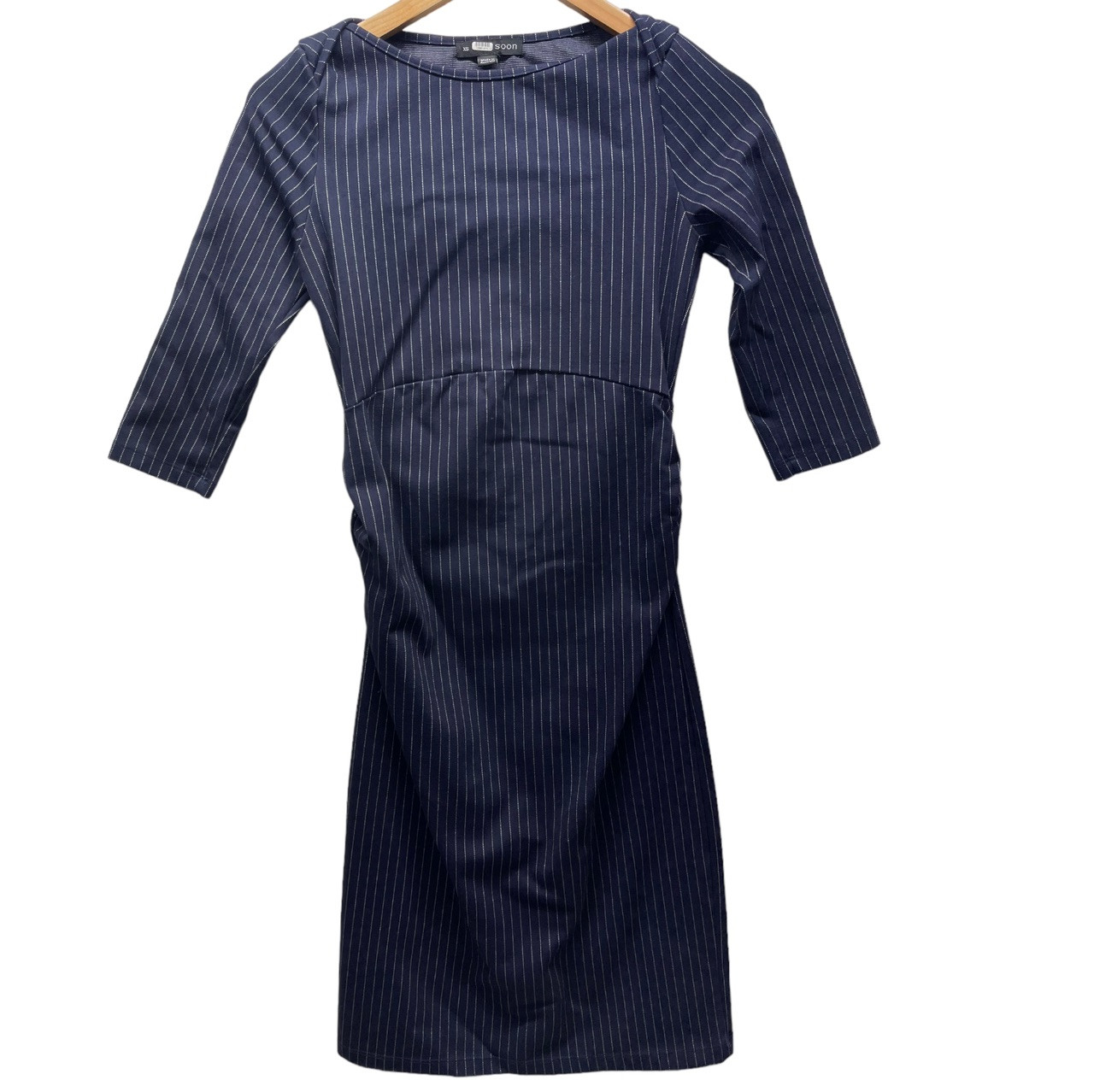 Soon Maternity Navy Blue Pinstripe 3/4 Sleeve Stripe Seamed Maternity Dress