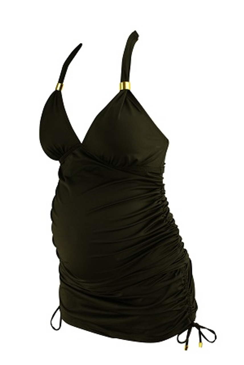 *New* Black A Pea In The Pod Maternity Gold Tassel Halter Top 2 Piece  Tankini Maternity Swimsuit Set