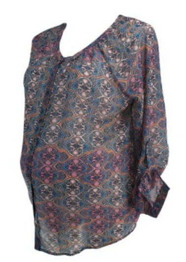 *New* Pink Graphic Print A Pea in the Pod Maternity Button Down Sheer Maternity Blouse (Size Large)
