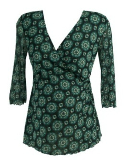 Green Floral Print Dione von Furstenberg 100% Sill Maternity Crossover Ruched 3/4 Sleeve Blouse (Like New - Size Large)