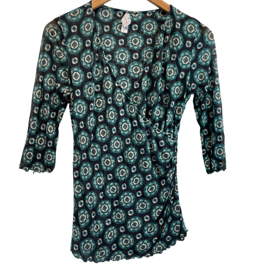 Green Floral Print Dione von Furstenberg 100% Sill Maternity Crossover Ruched 3/4 Sleeve Blouse (Like New - Size Large)